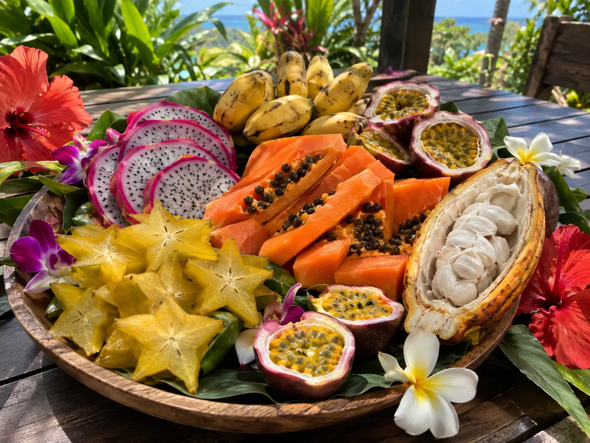 Eine Platte mit Drachenfrucht, Papaya, Sternfrucht, Bananen und einer geöffneten Kakaofrucht auf einem Gartentisch