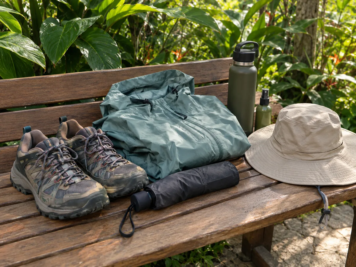 Trailschuhe, eine Regenjacke, ein Regenschirm, eine Wasserflasche, ein Sonnenhut und Insektenschutz auf einer Gartenbank